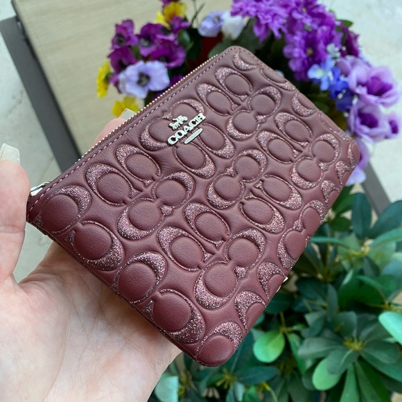 Coach Red Burgundy Leather & Glitter Embossed Logo Zippered Wristlet - Picture 7 of 16